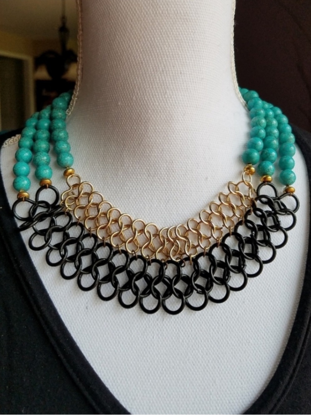 Genuine Turquoise Gemston & Black Chunky Chain Statement Necklace - Handmade NWT